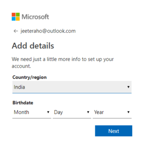 Add countrya and DOB to hotmail Account